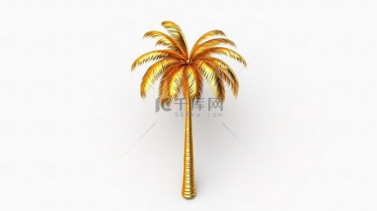 热带花卉背景背景图片_用 3D 渲染的金色热带棕榈树照亮白色背景