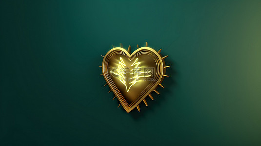 脉动的心脏符号闪闪发光的金色设计与青色背景 3D 渲染社交媒体图标