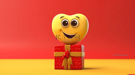 丝带黄色背景图片_黄色背景的 3D 渲染，红心人物吉祥物拿着礼品盒和丝带