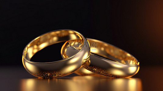 空白背景上两个互锁金结婚戒指的精美 3D 渲染