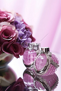 鲜花紫色背景图片_一套粉色钻石戒指的紫色玻璃花瓶，里面装满了鲜花
