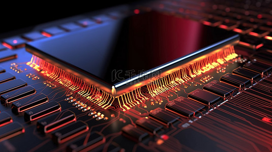 晶体管数字背景图片_笔记本电脑 3D 插图上呈现的强大多核芯片概念