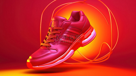 红色跑鞋背景图片_红色背景上优质 3D 渲染的充满活力和色彩缤纷的运动鞋
