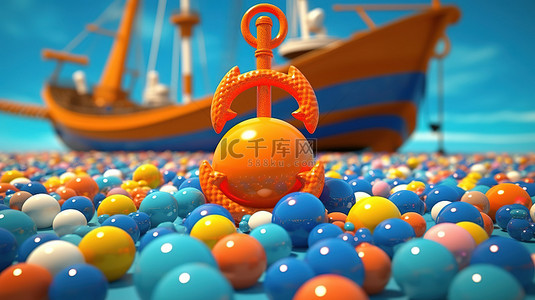 蓝色背景 3D 渲染中五彩球中的灯塔博亚和橙色锚