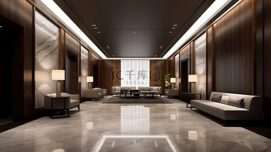 现代行政办公室和酒店休息室的渲染 3D 模型