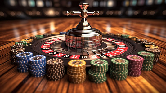 赌场代币背景上运动的 3D 轮盘赌和扑克筹码的插图