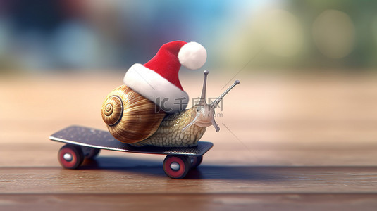滑板上的节日蜗牛 3D 插图，带有圣诞老人帽子和复制空间