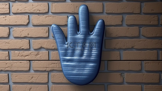 手套托举背景图片_挂有蓝色烤箱手套的砖墙上窗户阴影的 3D 渲染