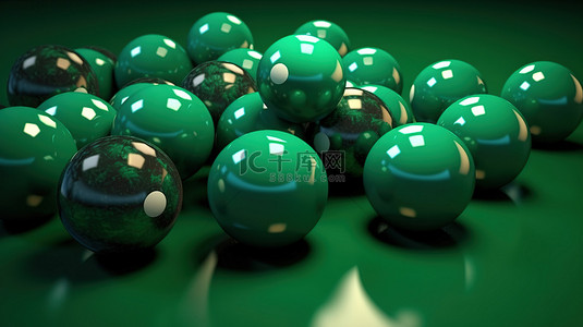 绿色背景展示台球在台球桌上休息时的 3D 渲染