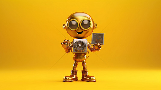 黄色背景的 3D 渲染，吉祥物拿着数码相机和获奖的金色奖杯