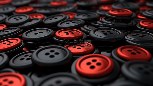 缝纫按钮的背景 3D 渲染的黑色按钮，带有一个红色极端特写