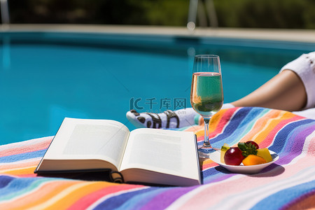 坐在泳池边的一条白色毯子书和一瓶酒