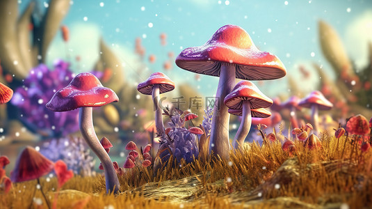 神秘领域 3d 渲染中的魔法真菌