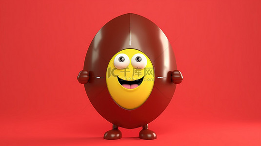 戴着红色金属盾的鸡蛋吉祥物的 3D 渲染，在充满活力的黄色背景上提供保护