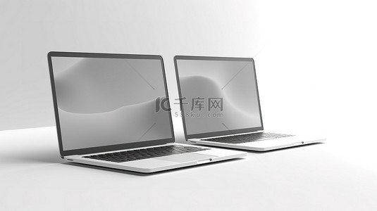 空白白屏笔记本电脑模型，用于在 3D 渲染插图中的白色背景上隔离的定制设计