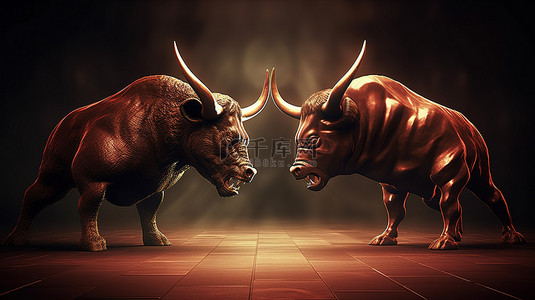 泰坦之战 3D 渲染展示了股市中的牛市与熊市之战