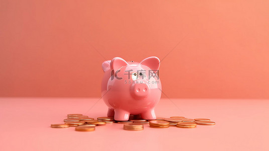 粉色存钱罐顶上闪闪发光的金币，背景是腮红，非常适合 3D 渲染的金融和商业主题