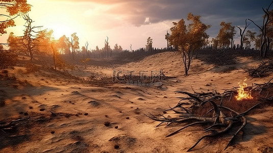 烧焦的山谷的 3D 插图被烧焦的树木植被和草留下了一片被毁坏的景观
