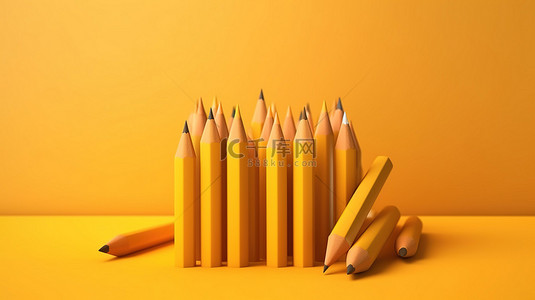 简约回到学校概念黄色背景与 3d 铅笔