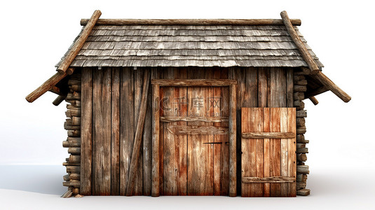 关着门的质朴木屋的 3D 插图