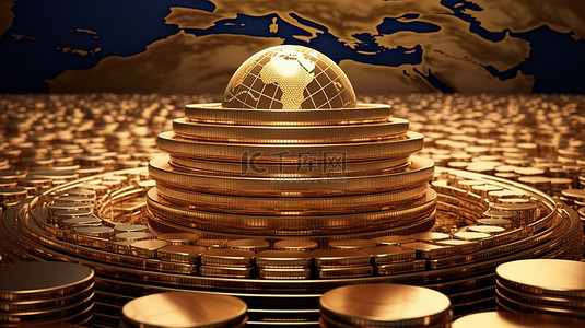 易经主题背景背景图片_世俗财富 NASA 的 3D 渲染地球仪，上面有一堆金币，象征着全球商机