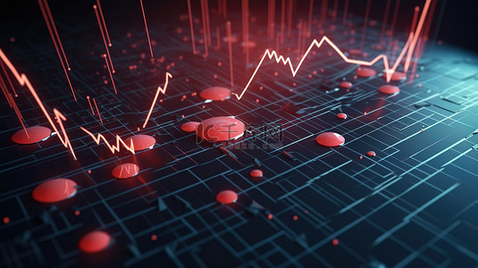 股市崩盘 3D 的插图以红色呈现最小交易图，背景为向下箭头和硬币