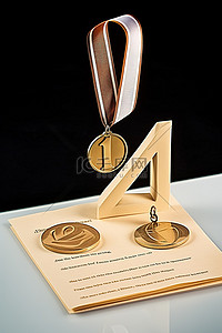 一枚金牌坐在奖牌上，上面有一张纸