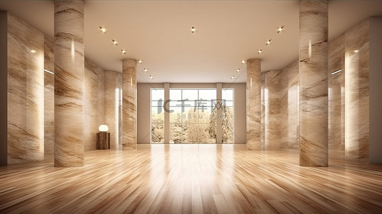 华丽的画廊内部由照明木质大理石和反射与白色模型横幅 3D 渲染