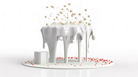 牛奶白色背景图片_完美白色舞台的 3D 渲染，牛奶溅在其上，隔离在白色背景上