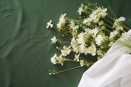 白色的花朵，绿色的纸包裹在绿色的床单上