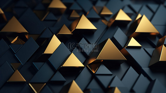 马赛克对话框背景图片_深色调的三角形几何形状，以金色亮点作为背景 3D 渲染