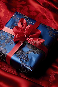 礼物包装背景图片_用红色和蓝色丝绸毯子包裹的礼物