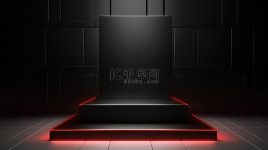 黑色方形背景图片_LED 点亮黑色方形舞台讲台和产品广告展示背景的当代 3D 渲染