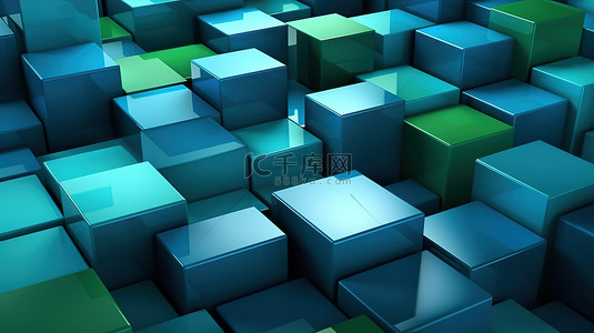 灰色背景上绿色和蓝色块的抽象 3D 渲染