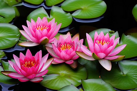 绿色的池塘背景图片_粉红色的睡莲在绿色的叶子墙附近绽放