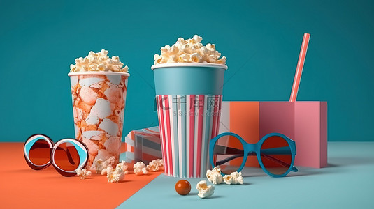 立体浮雕 3D 眼镜一次性纸杯爆米花碗和饮料的顶视图，非常适合电影时间