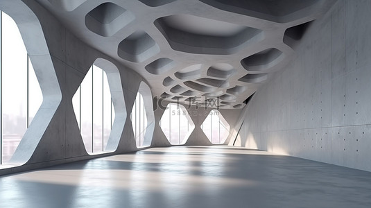 时尚的混凝土内部与几何地板现代 3D 渲染设计的现代建筑