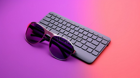 有效的沟通背景图片_紫色背景上笔记本电脑鼠标和浮雕 3D 眼镜的简约顶视图