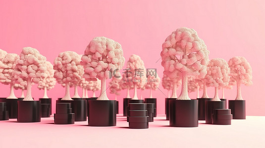 在粉红色背景上的 3d 渲染中，成堆的硬币和树顶