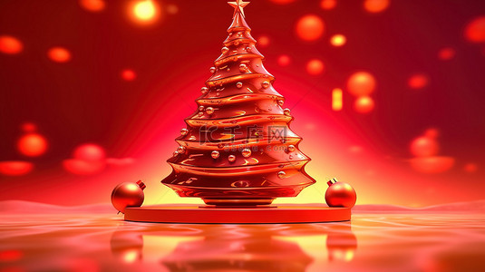 聚会海报背景背景图片_3D 渲染插图圣诞树，红色模糊背景上带有节日装饰