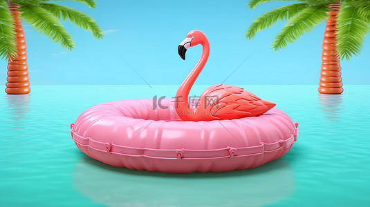 微妙的火烈鸟充气泳池环和粉红色热带背景描绘夏季乐趣 3D 可视化