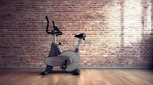 健身房砖墙前健身自行车的 3D 渲染