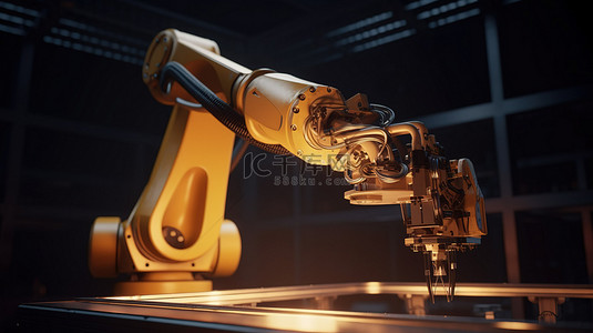 机器手背景图片_具有 3D 渲染金属机械臂的工厂场景