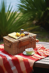 电器季背景图片_佛罗里达州南部的一次户外野餐，配有毛巾和木凳旁边的海滩梳理篮