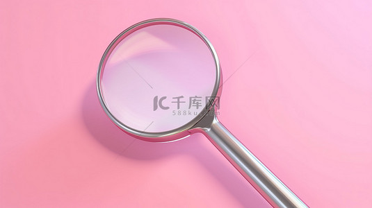 粉红色背景上带有放大镜的搜索图标的 3D 渲染