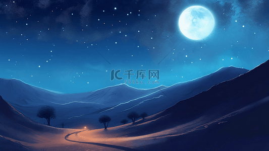 月中秋节背景图片_月亮云层蓝色星光小路可爱