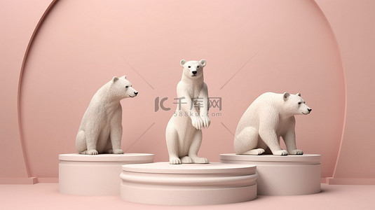 柔和的舞台上冰冷的北极熊雕像和雕塑独特的 3D 设计