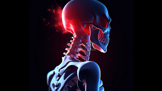用 3D 渲染描绘的受伤骨骼结构用红色发光突出显示疼痛的骨骼并强调椎骨部分的不适