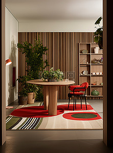 木桌盆栽背景图片_条纹墙隔板后面有一张木桌和椅子