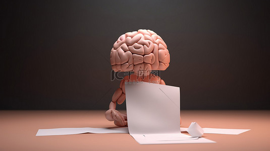 大脑形状的角色坐在 3D 渲染的立方体上并拿着一页
